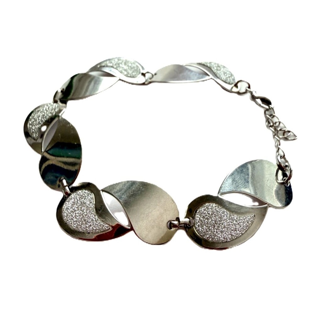 Visetti Designer Silver Tone Wave Link Bracelet Glitter Frosted Polished Metal